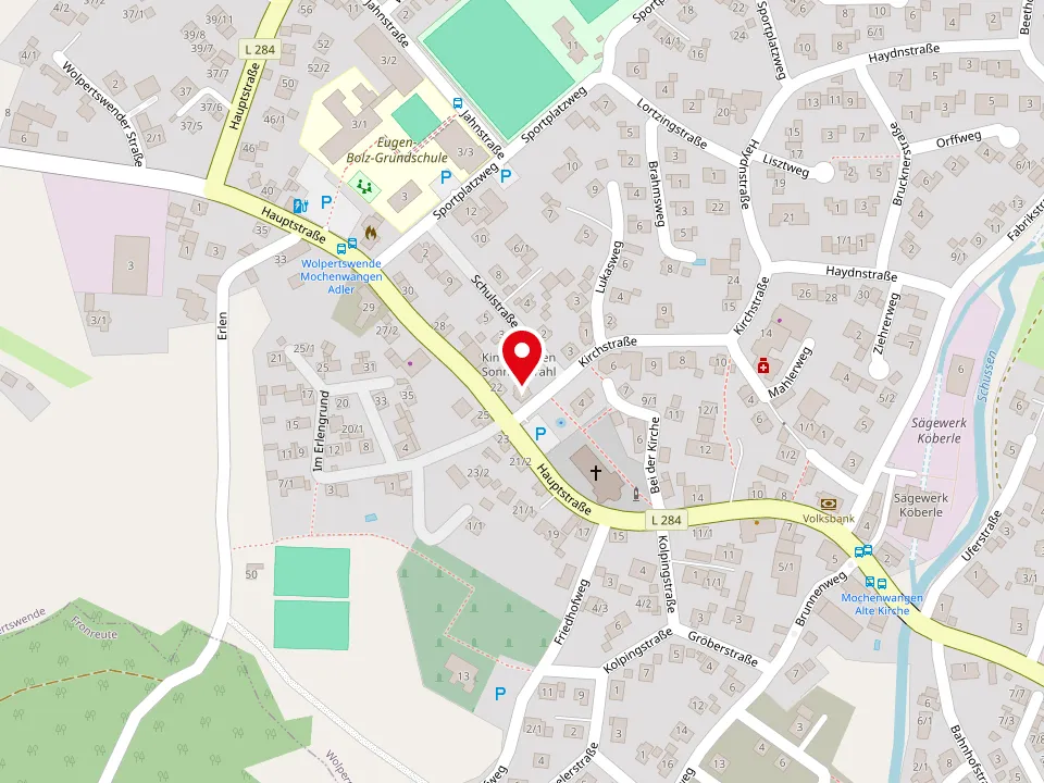 Lagekarte: Kindergarten Sonnenstrahl, Kirchstr. 1/1, 88284 Wolpertswende, an der Kirchstraße nahe der Hauptstraße in Mochenwangen